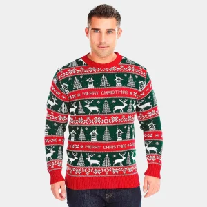 Jersey de Navidad para Hombre Rayas Verdes y Rojas Merry Christmas