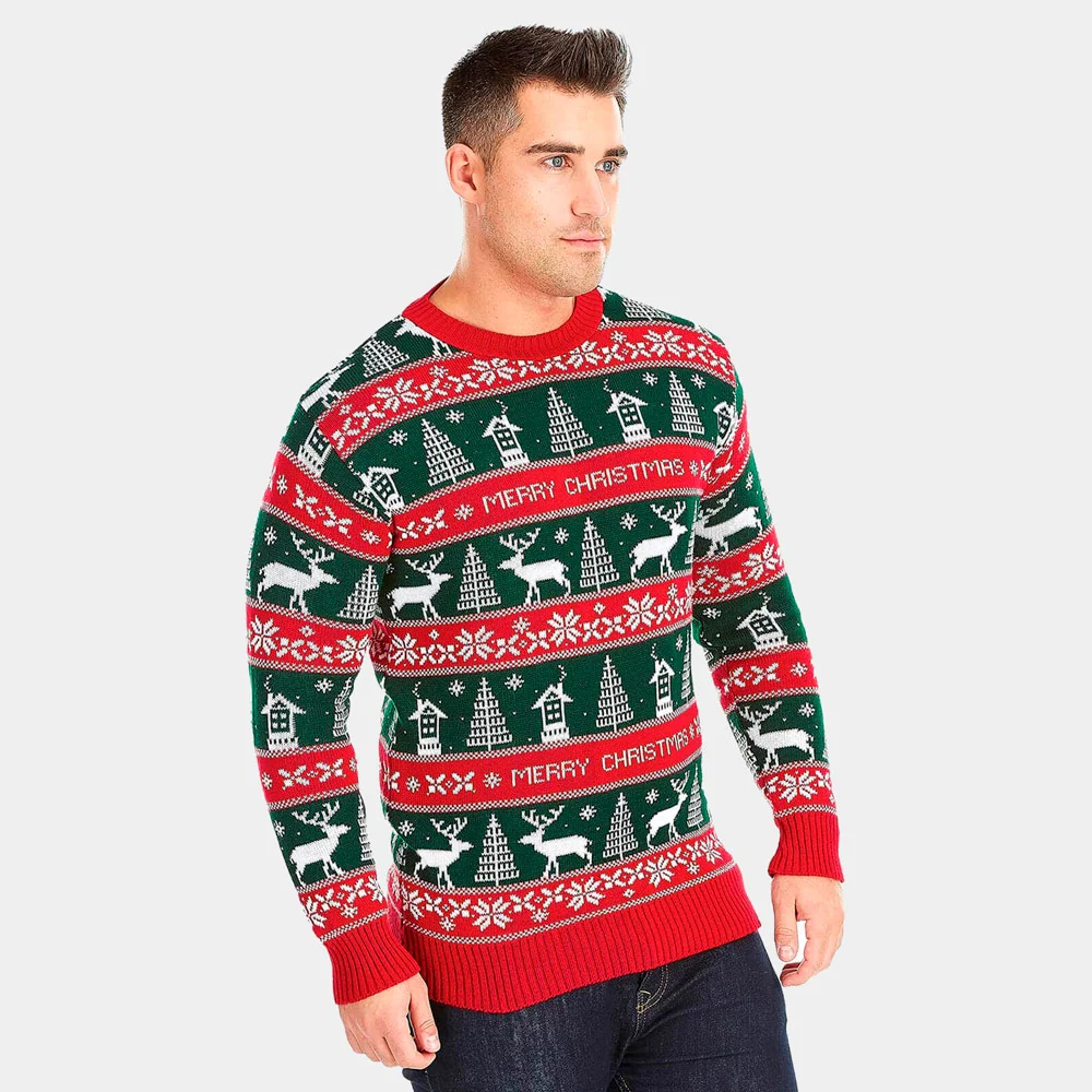 Jersey de Navidad para Hombre Rayas Verdes y Rojas Merry Christmas - Imagen 4