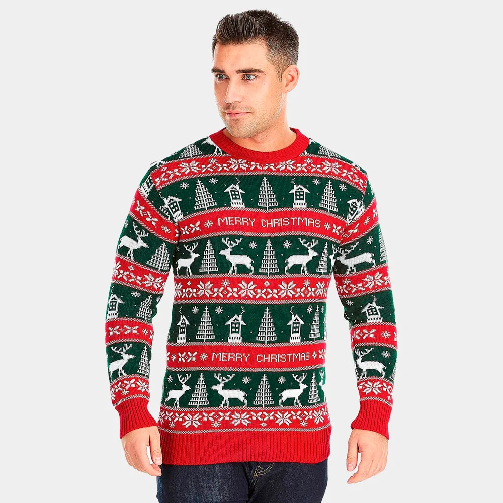 Jersey de Navidad para Hombre Rayas Verdes y Rojas Merry Christmas - Imagen 3