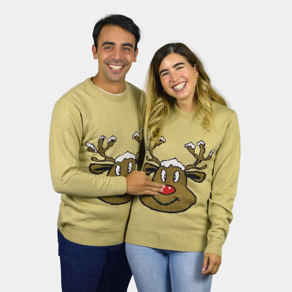 Jersey de Navidad para Parejas Reno Sonriente Beige - Imagen 4