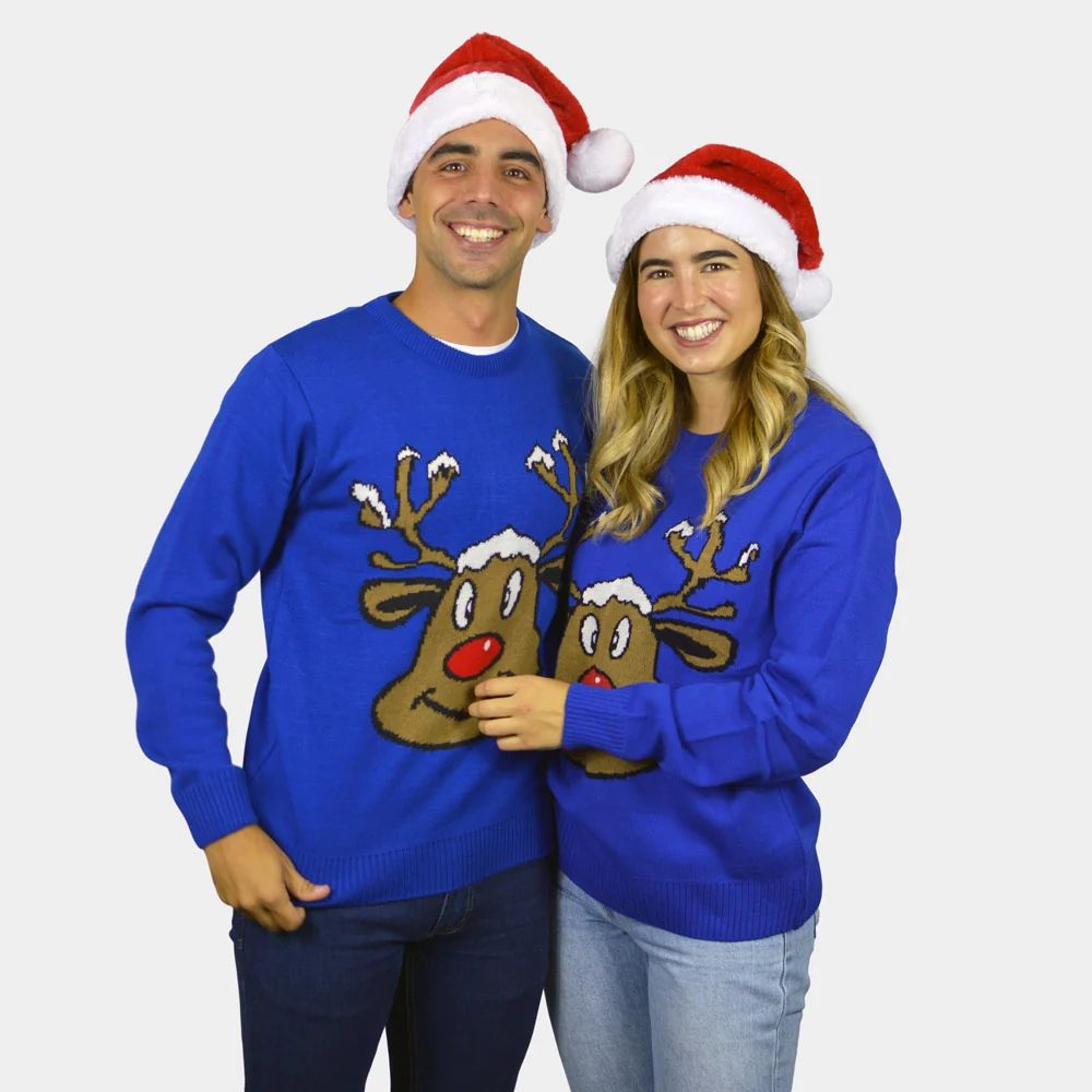 Jersey de Navidad para Parejas Reno Sonriente Azul - Imagen 4