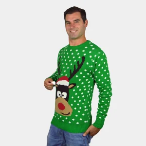 Jersey de Navidad para Hombre Verde Reno con Gorro en 3D Algodón