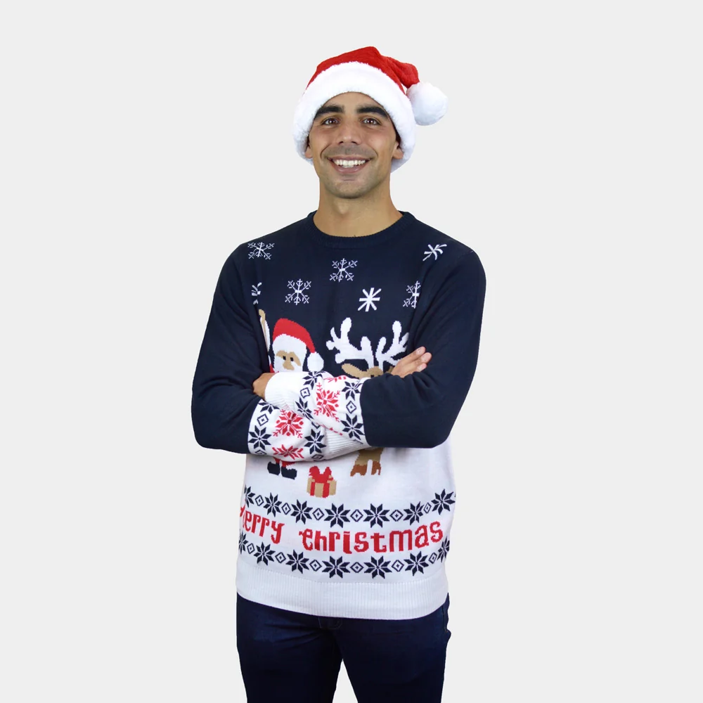 Jersey de Navidad para Hombre Azul Papá Noel y Reno Rudolph - Imagen 4