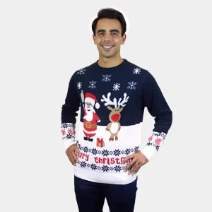 Jersey de Navidad Hombre Azul Papá Noel Reno Rudolph Algodón Orgánico