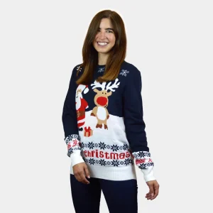Jersey de Navidad Mujer Azul Papá Noel Reno Rudolph Algodón Orgánico