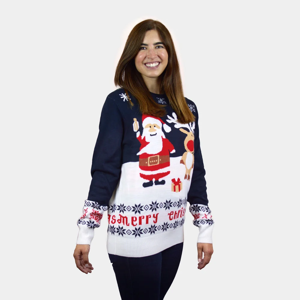 Jersey de Navidad Parejas Azul Papá Noel Reno Rudolph Algodón Orgánico - Imagen 3