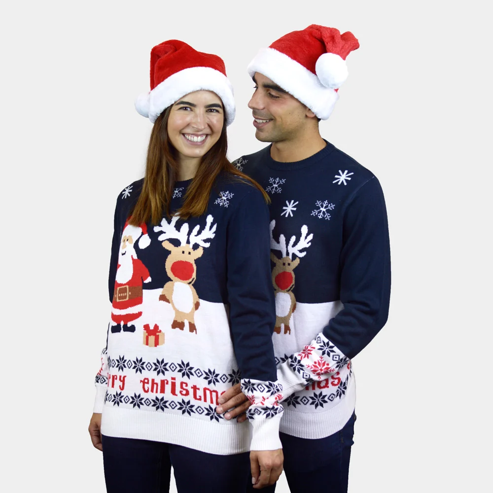 Jersey de Navidad Parejas Azul Papá Noel Reno Rudolph Algodón Orgánico - Imagen 2