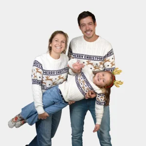 Jersey de Navidad para Familia Elegante Blanco con Renos Algodón Orgánico
