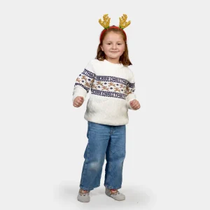Jersey de Navidad para Niña y Niño Elegante Blanco con Renos Algodón Orgánico