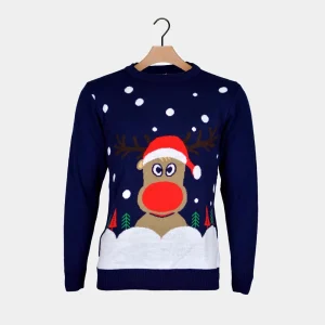 Jersey de Navidad Azul Marino con Reno de Papá Noel