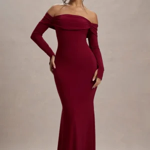 Amaia | Vestido Largo escote bardot de Manga Larga en burdeos