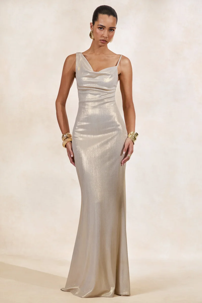 Galaxy Shimmer | Vestido Maxi Champán De Corte Sesgado Con Escote Cowl Delantero - Imagen 5