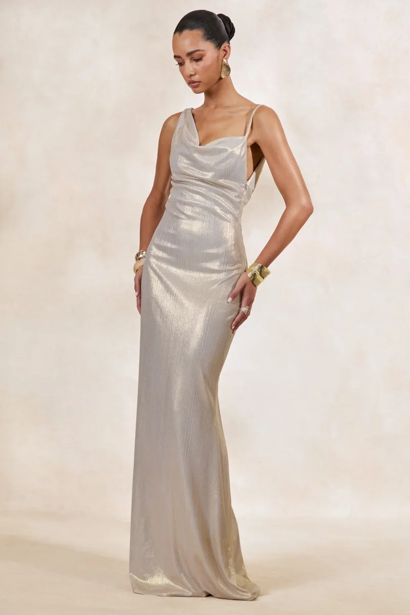 Galaxy Shimmer | Vestido Maxi Champán De Corte Sesgado Con Escote Cowl Delantero - Imagen 6