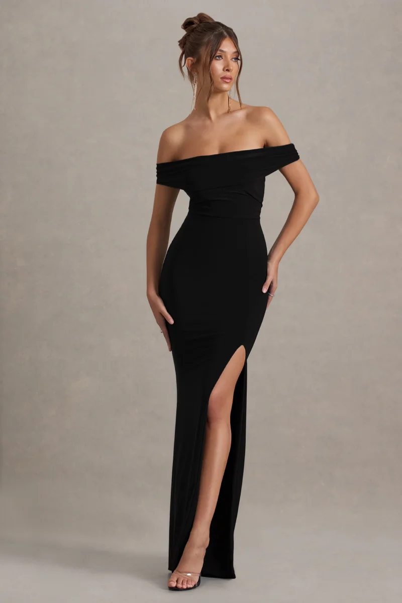 Law of Attraction | Vestido largo negro Bardot con drapeado y abertura. - Imagen 5