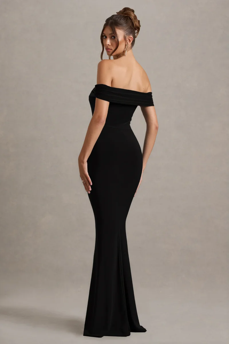 Law of Attraction | Vestido largo negro Bardot con drapeado y abertura. - Imagen 3