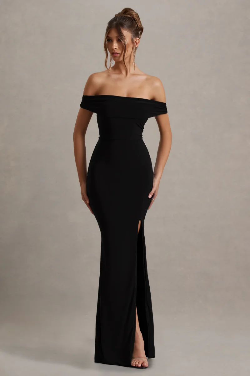 Law of Attraction | Vestido largo negro Bardot con drapeado y abertura. - Imagen 6