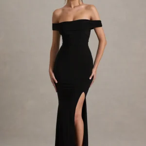 Law of Attraction | Vestido largo negro Bardot con drapeado y abertura.
