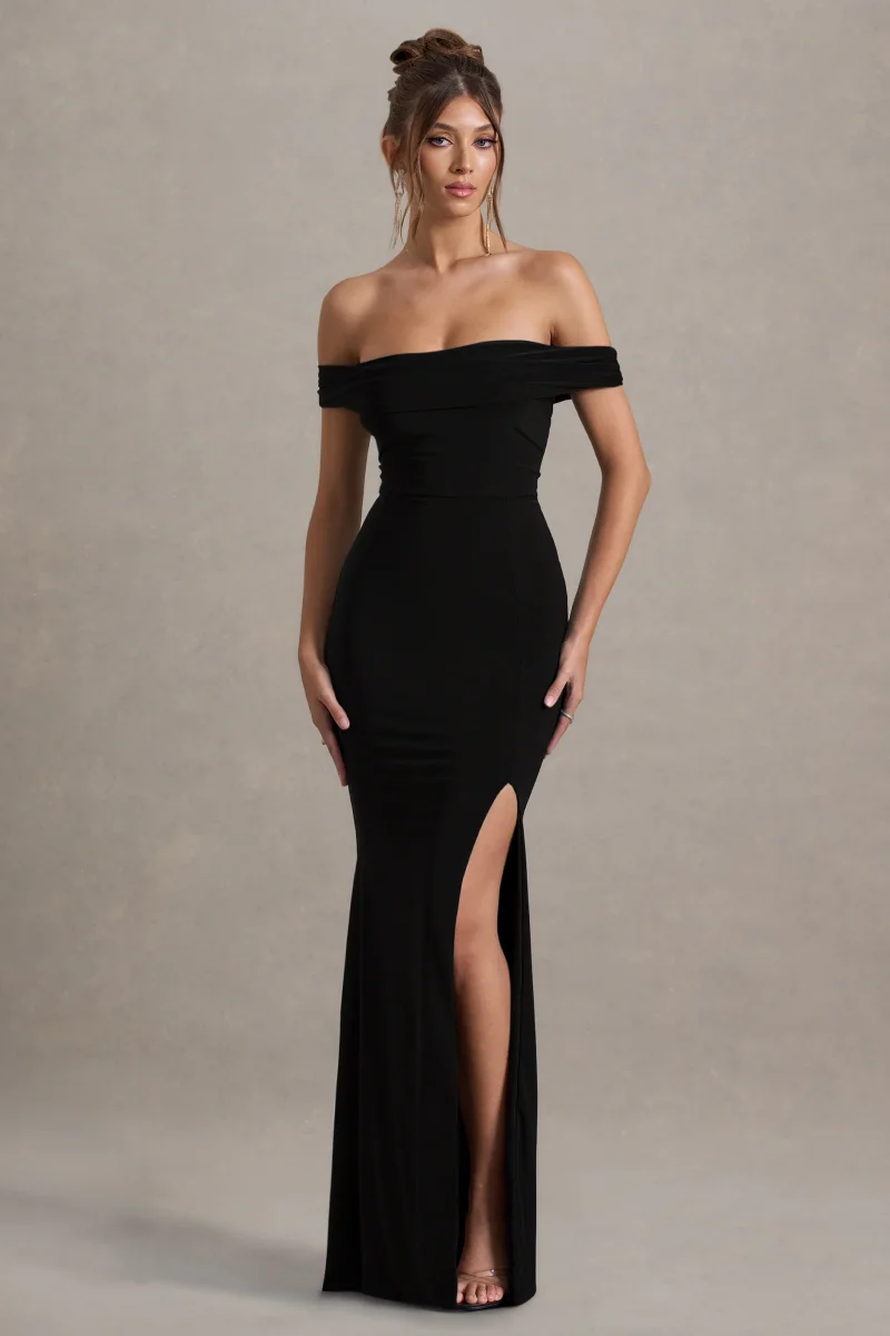 Law of Attraction | Vestido largo negro Bardot con drapeado y abertura.