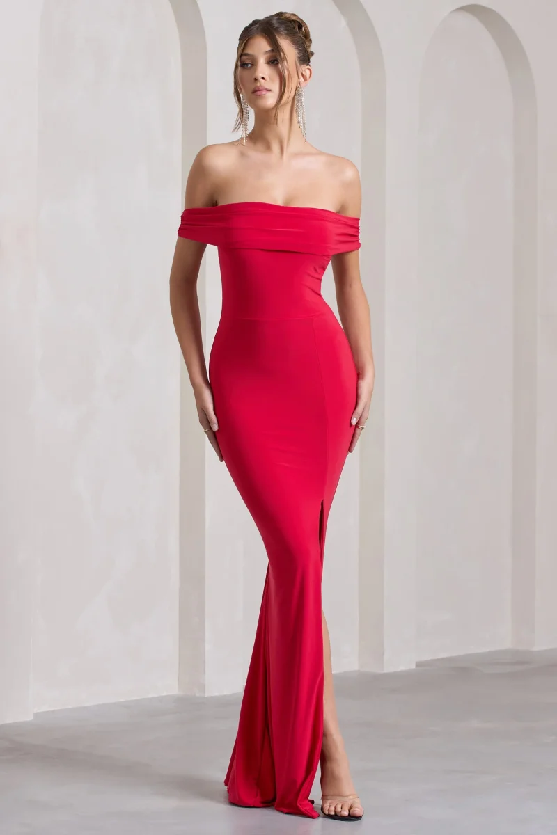 Law of Attraction | Vestido largo rojo con escote bardot y abertura lateral - Imagen 8