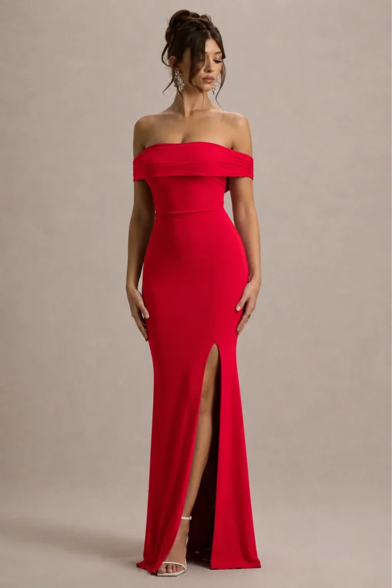 Law of Attraction | Vestido largo rojo con escote bardot y abertura lateral