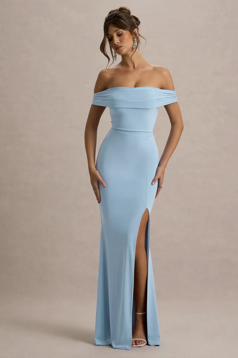 Law of Attraction | Vestido largo azul claro con escote bardot y abertura - Imagen 5