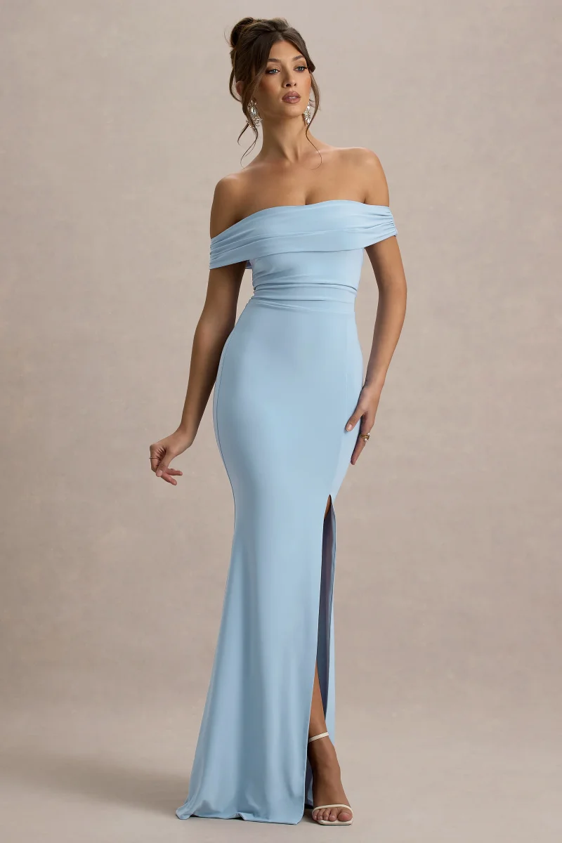 Law of Attraction | Vestido largo azul claro con escote bardot y abertura - Imagen 6