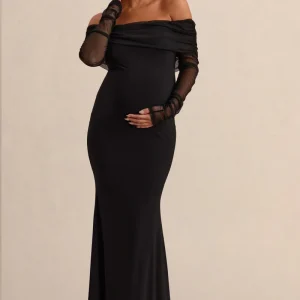 Pretty Perfect | Vestido Largo Premamá Negro con Escote Bardot