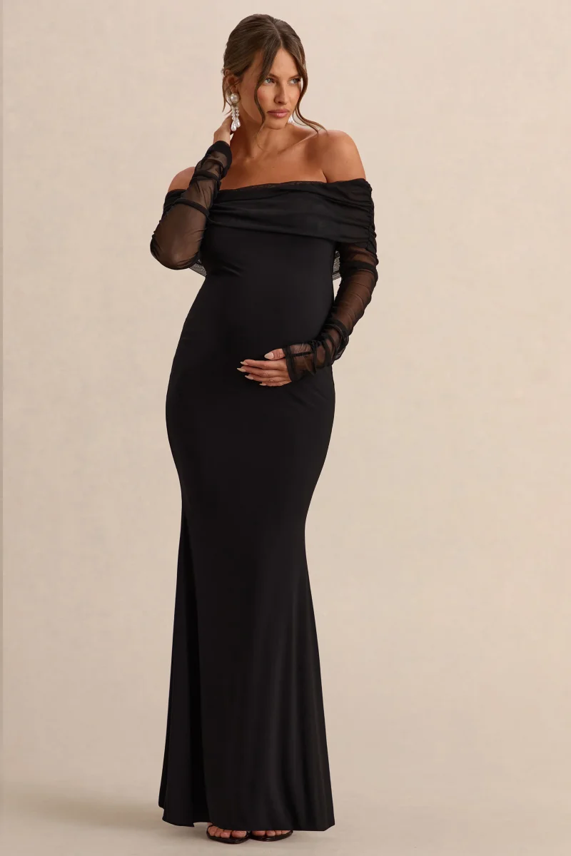 Pretty Perfect | Vestido Largo Premamá Negro con Escote Bardot