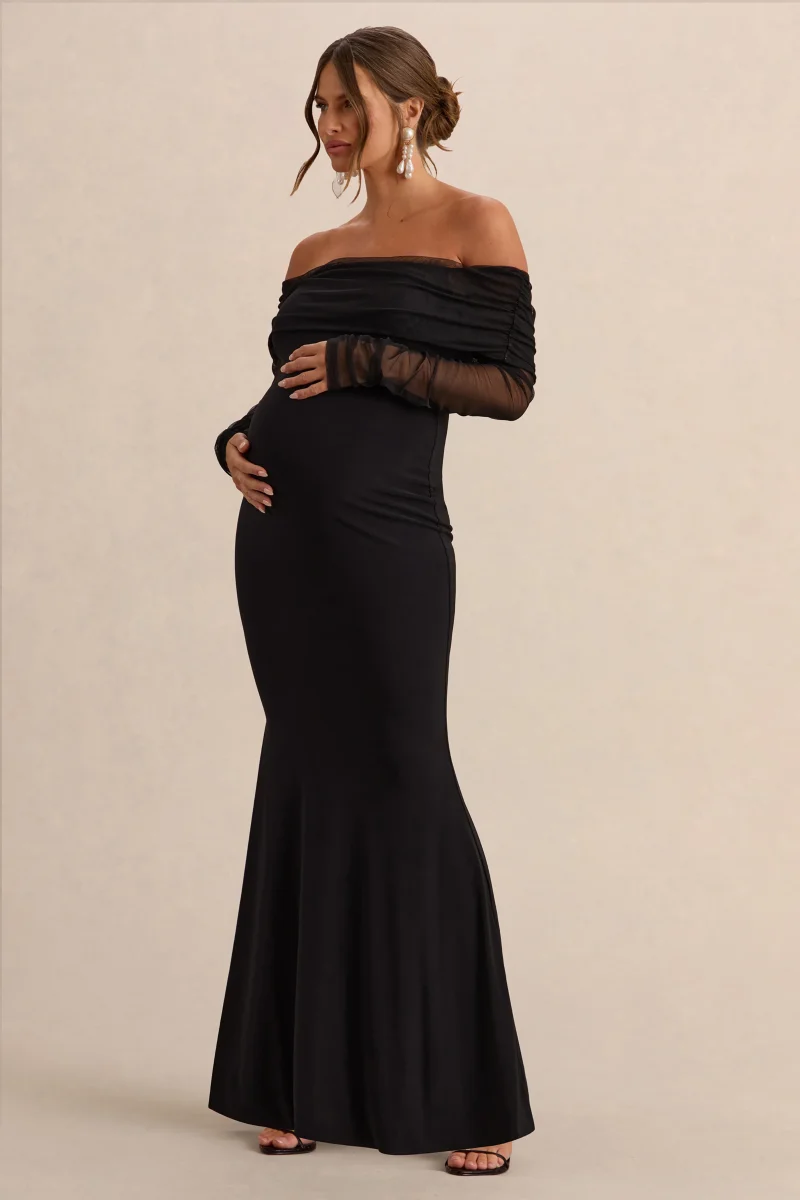 Pretty Perfect | Vestido Largo Premamá Negro con Escote Bardot - Imagen 5