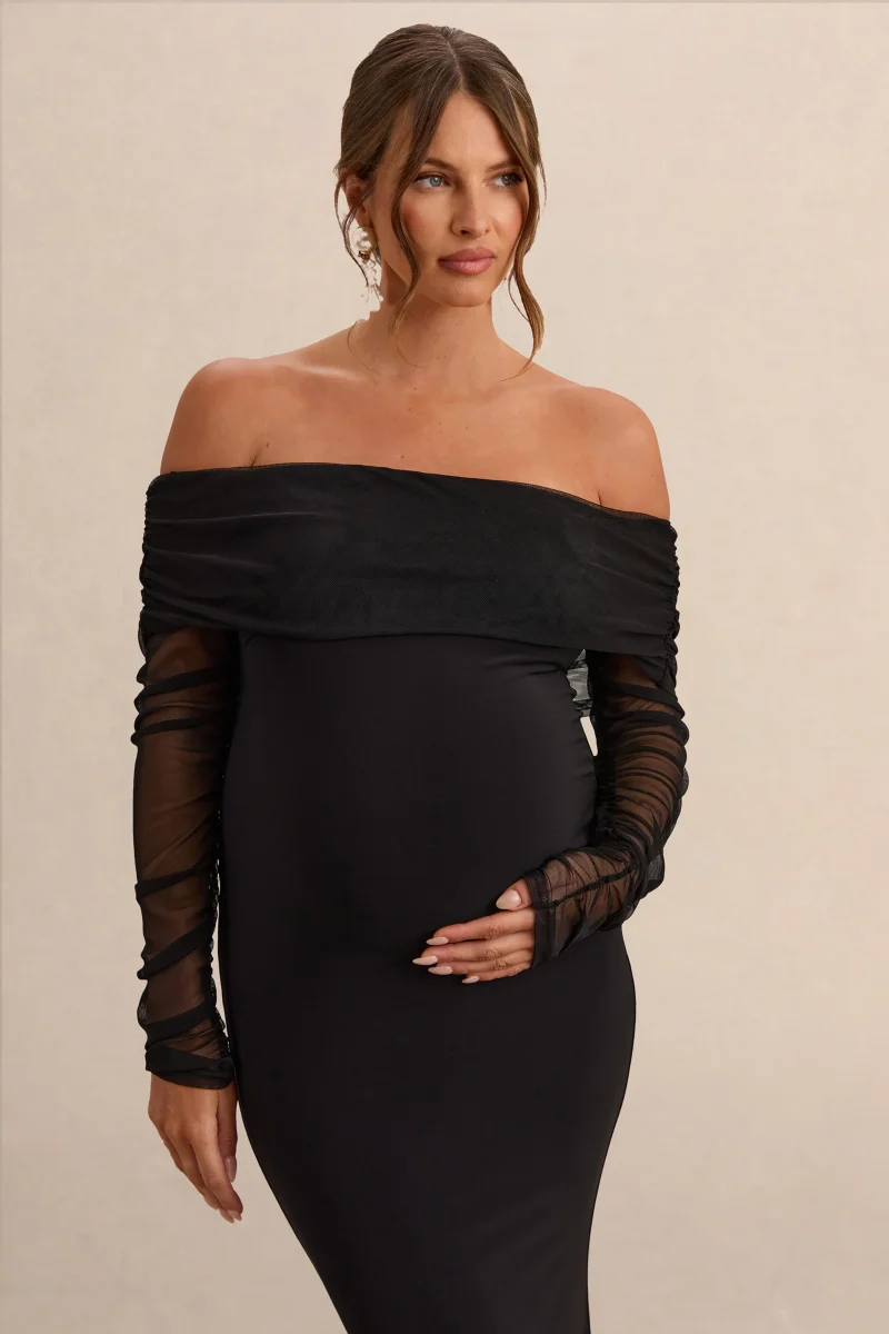 Pretty Perfect | Vestido Largo Premamá Negro con Escote Bardot - Imagen 4