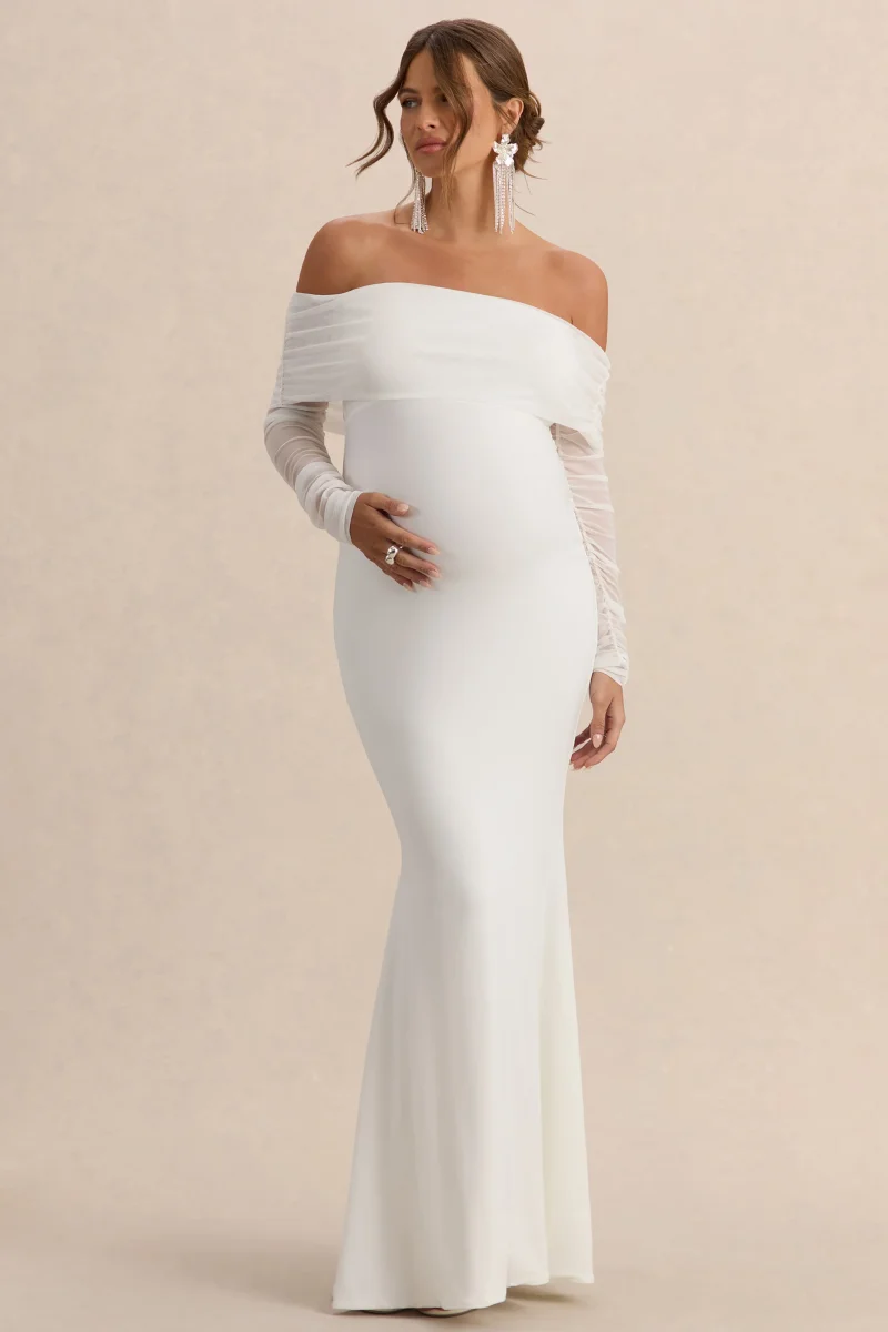 Pretty Perfect | Vestido largo Bardot de premamá blanco con fruncido y malla - Imagen 5