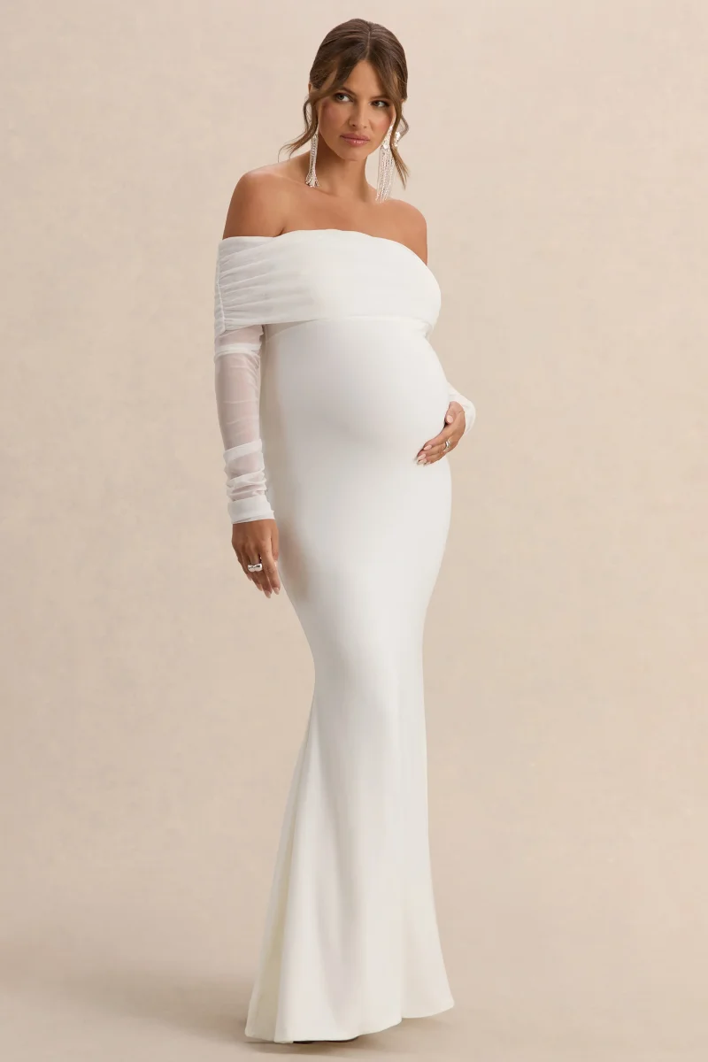 Pretty Perfect | Vestido largo Bardot de premamá blanco con fruncido y malla - Imagen 6