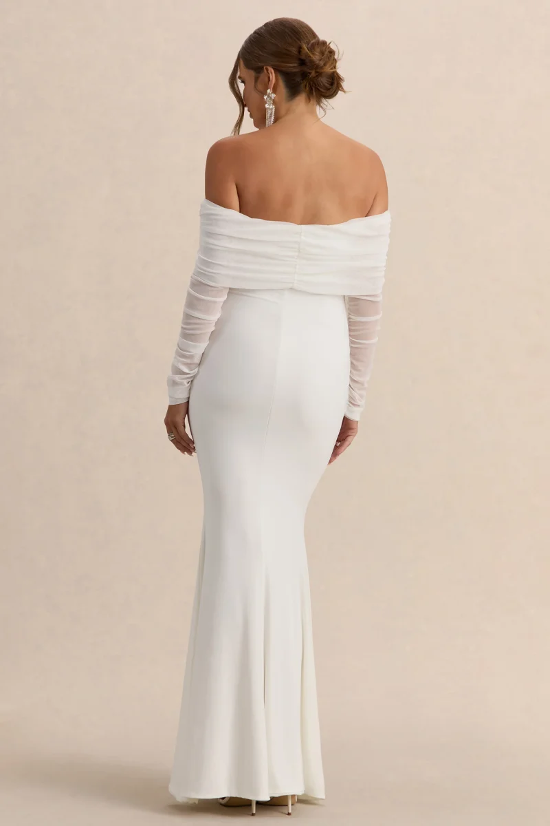 Pretty Perfect | Vestido largo Bardot de premamá blanco con fruncido y malla - Imagen 3