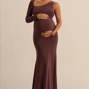 Oh Baby | Vestido Largo Bodycon de Premamá Marrón de un Hombro
