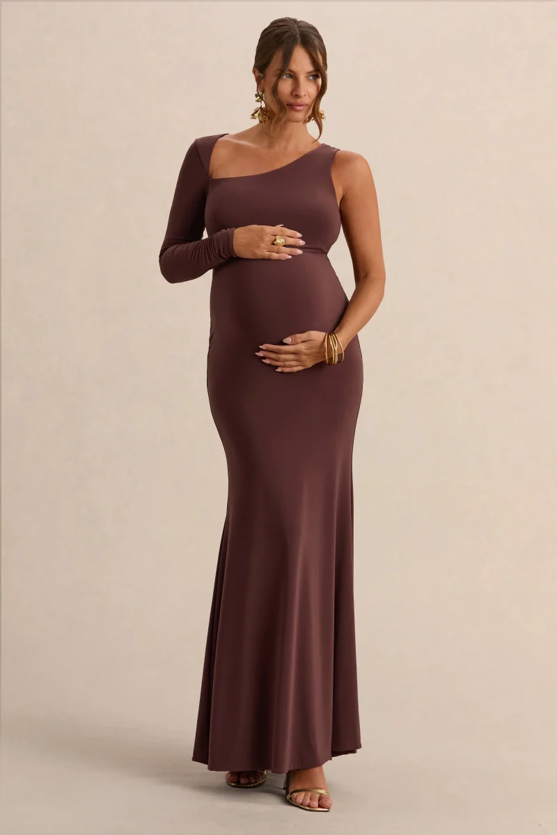 Oh Baby | Vestido Largo Bodycon de Premamá Marrón de un Hombro
