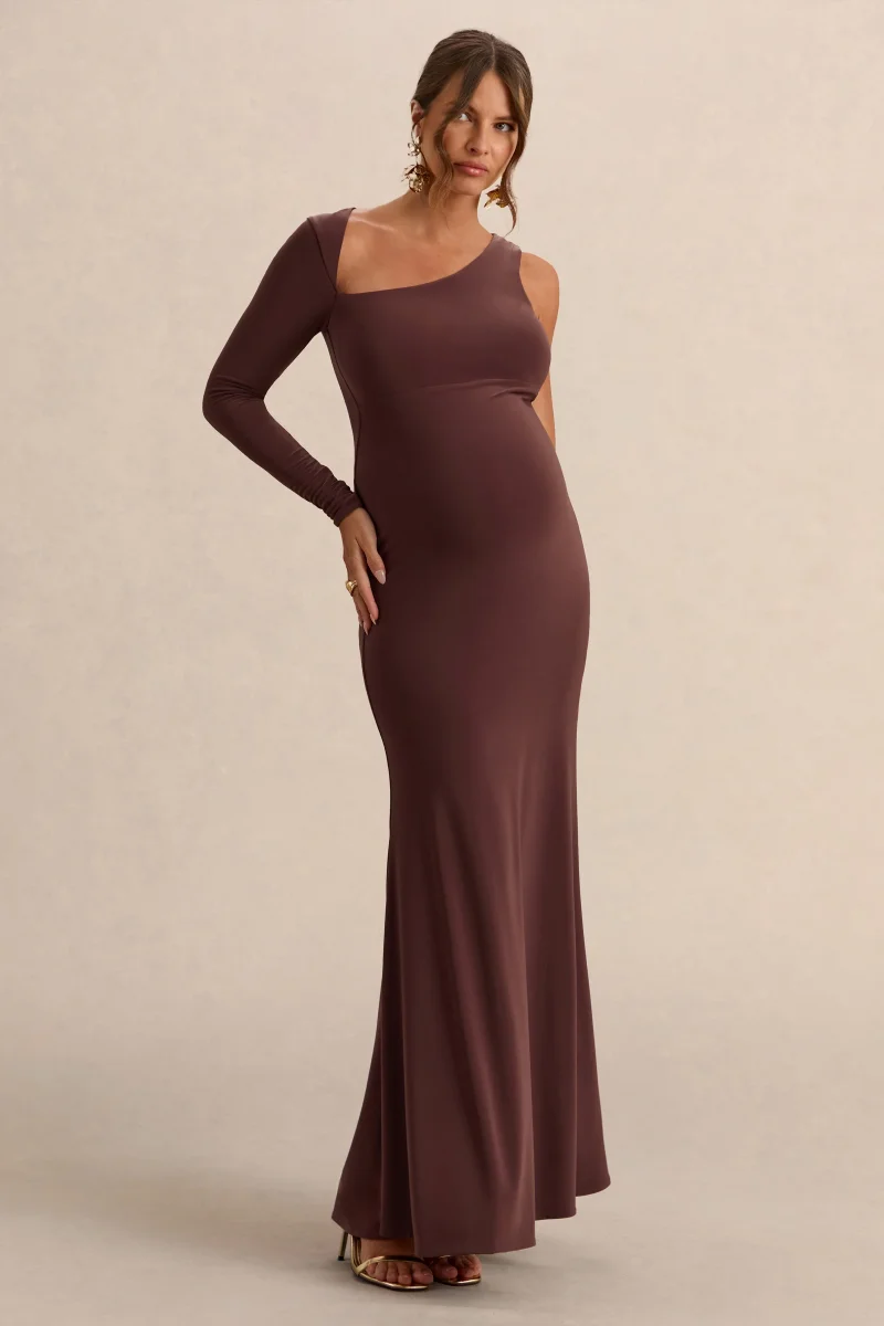 Oh Baby | Vestido Largo Bodycon de Premamá Marrón de un Hombro - Imagen 6