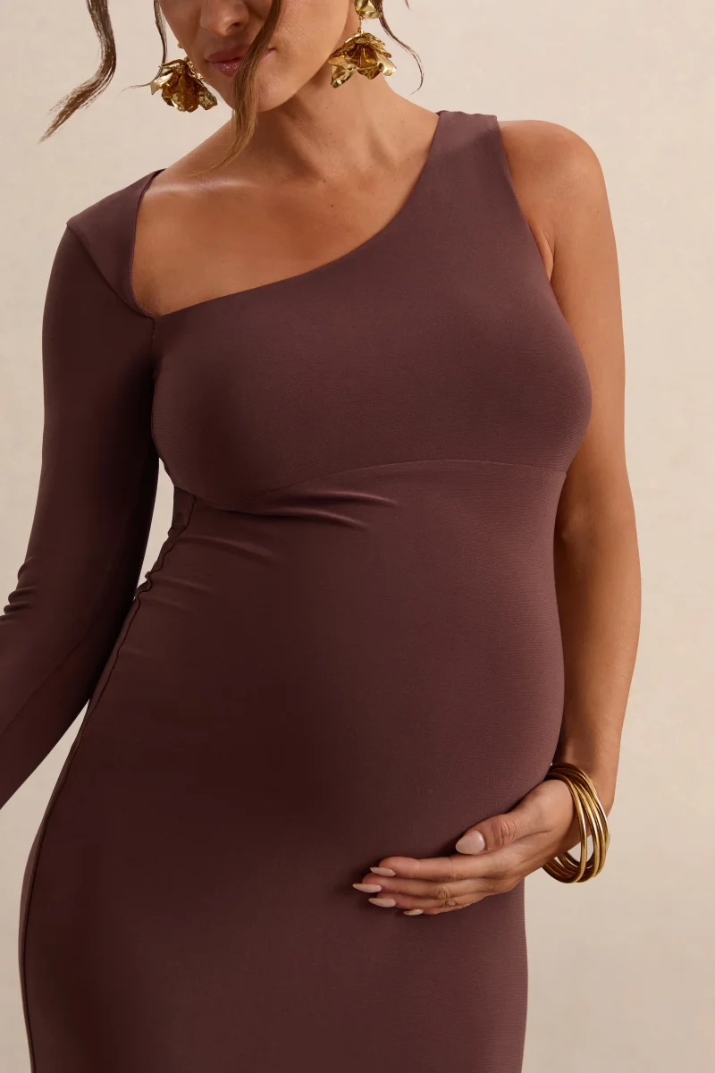 Oh Baby | Vestido Largo Bodycon de Premamá Marrón de un Hombro - Imagen 4
