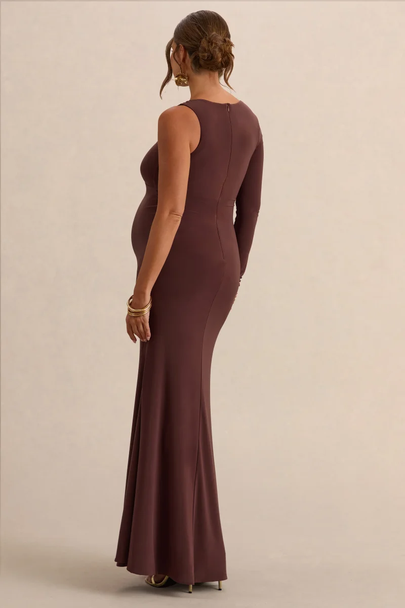 Oh Baby | Vestido Largo Bodycon de Premamá Marrón de un Hombro - Imagen 3