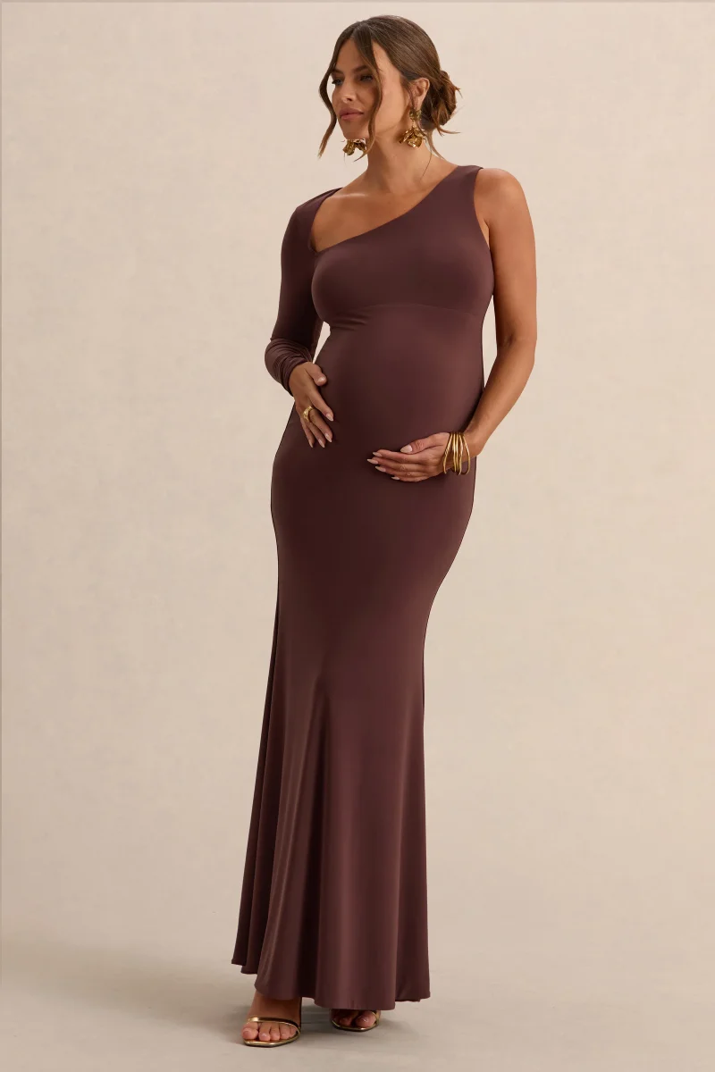 Oh Baby | Vestido Largo Bodycon de Premamá Marrón de un Hombro - Imagen 5