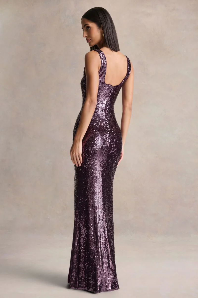 High Life | Vestido Largo Ciruela De Lentejuelas Con Escote Cuadrado - Imagen 3