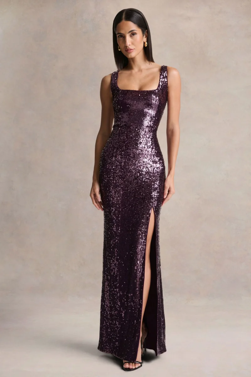 High Life | Vestido Largo Ciruela De Lentejuelas Con Escote Cuadrado - Imagen 5