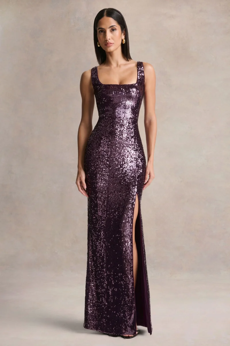 High Life | Vestido Largo Ciruela De Lentejuelas Con Escote Cuadrado - Imagen 6