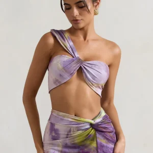 Open Heart | Bralette con Nudo y Estampado Lila de Un Hombro