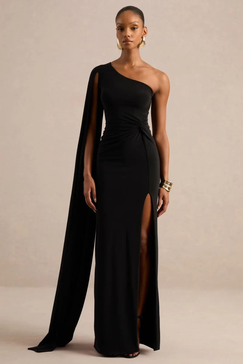 Romi | Vestido Largo Negro de un Solo Hombro con Diseño Retorcido - Imagen 4