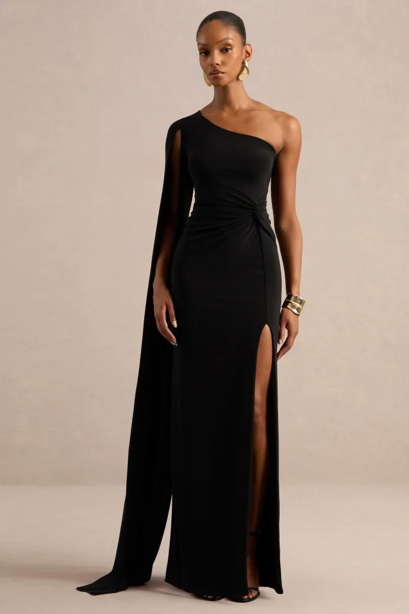 Romi | Vestido Largo Negro de un Solo Hombro con Diseño Retorcido - Imagen 6