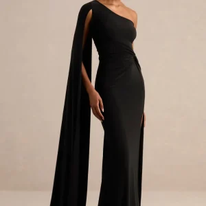 Romi | Vestido Largo Negro de un Solo Hombro con Diseño Retorcido