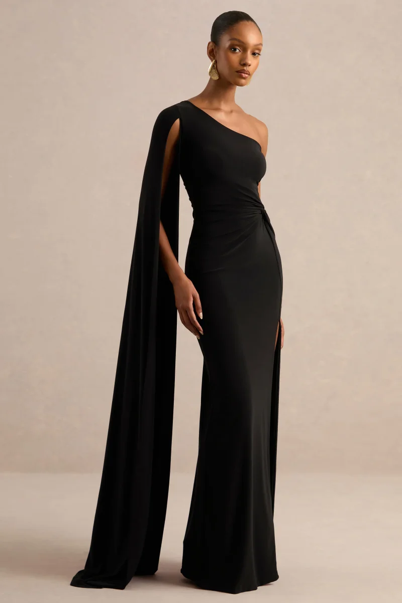 Romi | Vestido Largo Negro de un Solo Hombro con Diseño Retorcido - Imagen 2