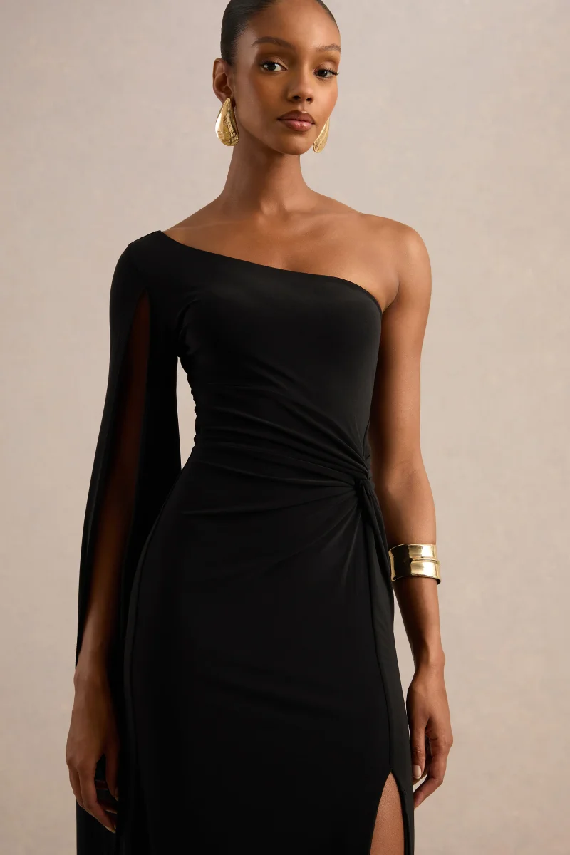 Romi | Vestido Largo Negro de un Solo Hombro con Diseño Retorcido - Imagen 5