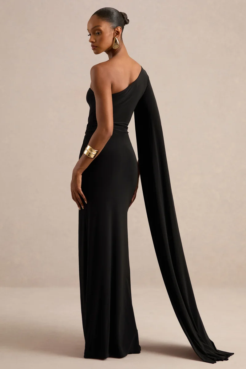 Romi | Vestido Largo Negro de un Solo Hombro con Diseño Retorcido - Imagen 3