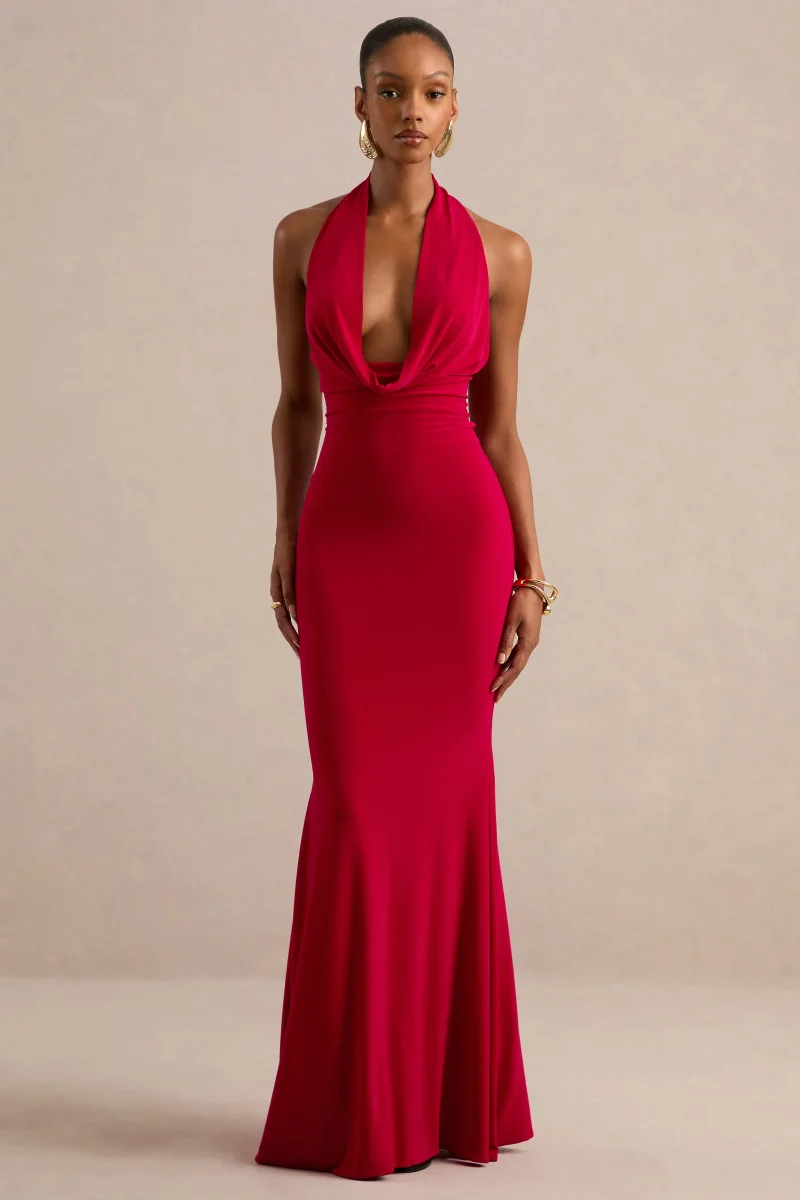 Milani | Vestido largo corte sirena rojo con escote drapeado y espalda descubierta - Imagen 4